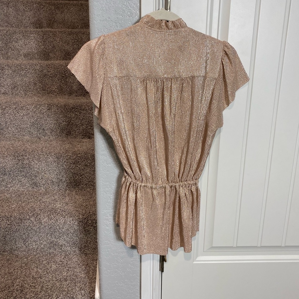 Sabina Musayev champagne pink blouse Gold Lame Flutter Sleeve Belted Blouse - Picture 6 of 6